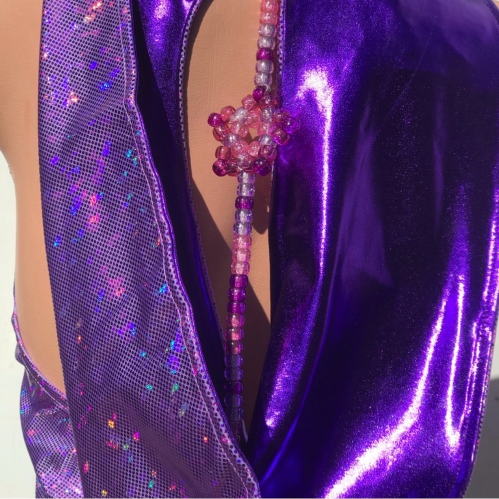 Purple metallic holographic bodysuit hood cosmic Barbie rave outfit made in USA - Picture 5 of 9